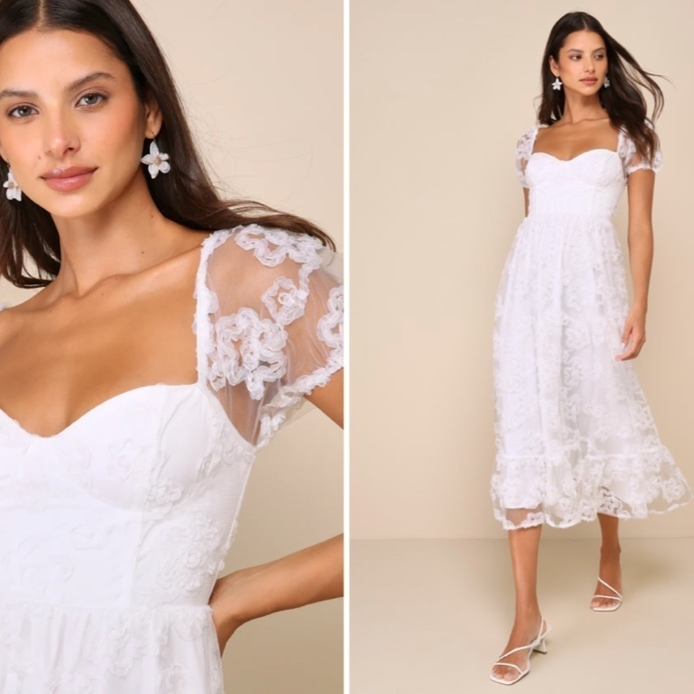 Lulu's White Lace Puff Sleeve Midi Dress